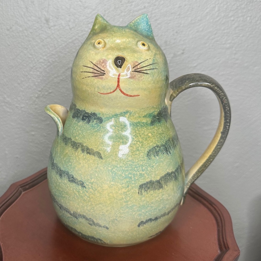 Vintage Italian Hand Painted Ceramic Cat Pitcher Green Tabby Folk Art Made Italy